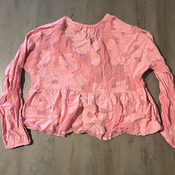 Pink V-Neck Bishop Sleeve Wrap Blouse - Picture 2 of 4